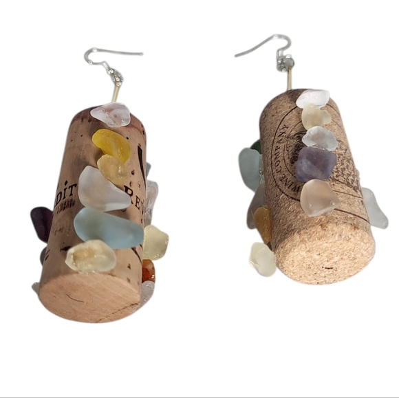 14k Goldplated Wine Cork & Sea Glass Bar Dangle Earrings - Picture 2 of 5